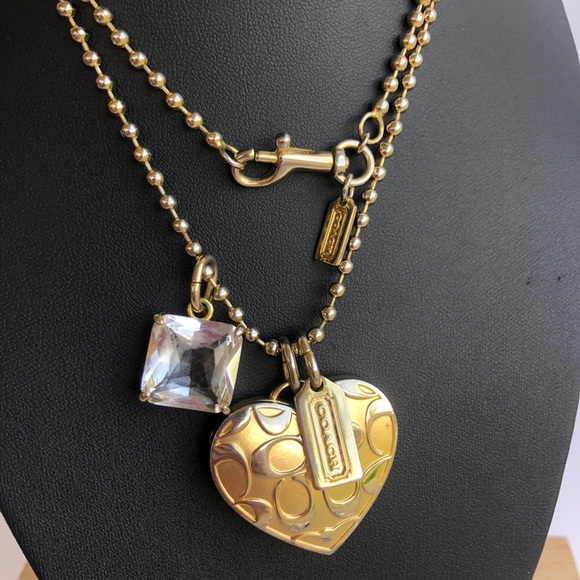 Coach Logo Gold Heart Locket Necklace with Attached Stone - Picture 6 of 8